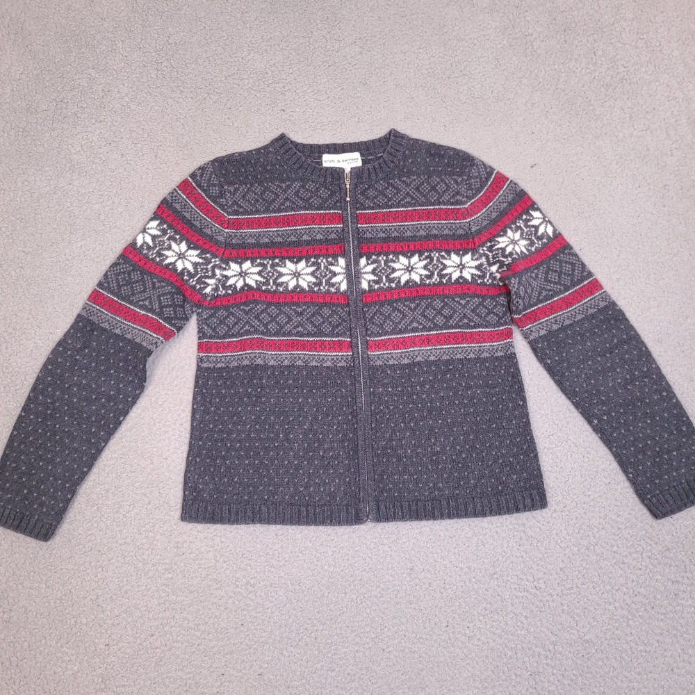 Vintage Croft & Barrow Cardigan Sweater Petite PS Gray Red Fair Isle‎ Full Zip
